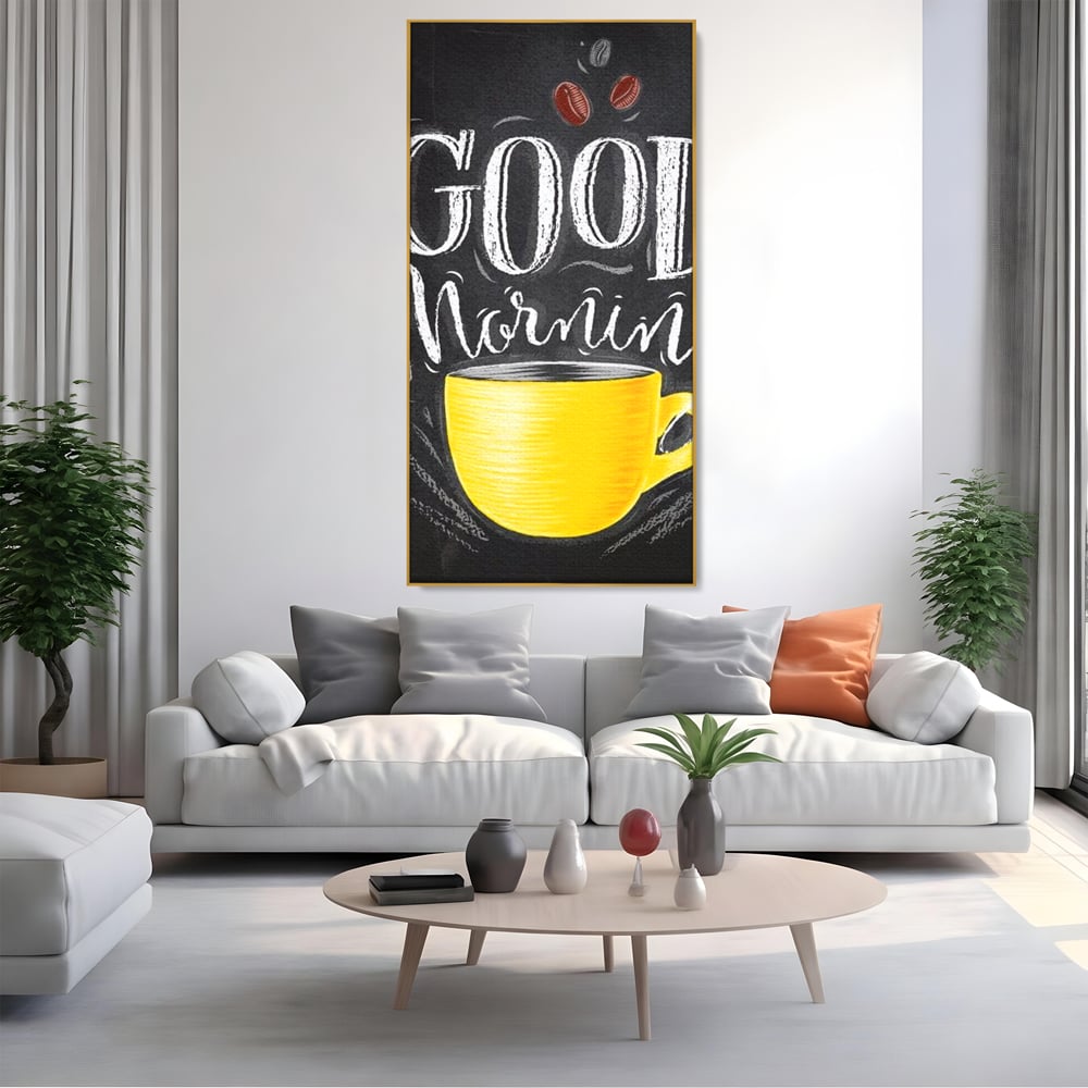 Tablou canvas cu tablou canvas cu ceasca galbena, in rama de aluminiu auriu, pe perete intr-un living